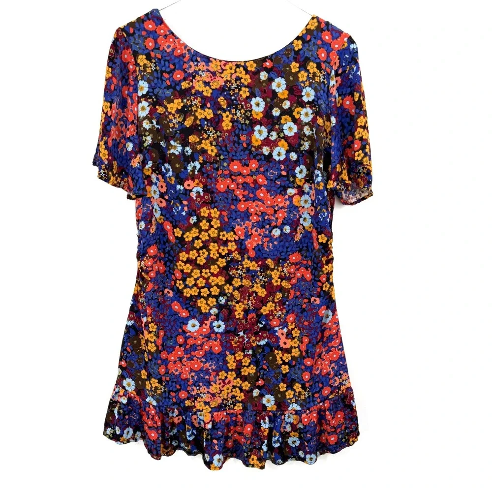 Anthropologie Ruffled Satin Mini Dress Size 14 Floral Tie Open Back Colorful - Picture 2 of 14
